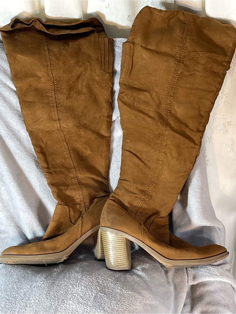 Suede Tan Over-Knee Boots - Classic Block Heel